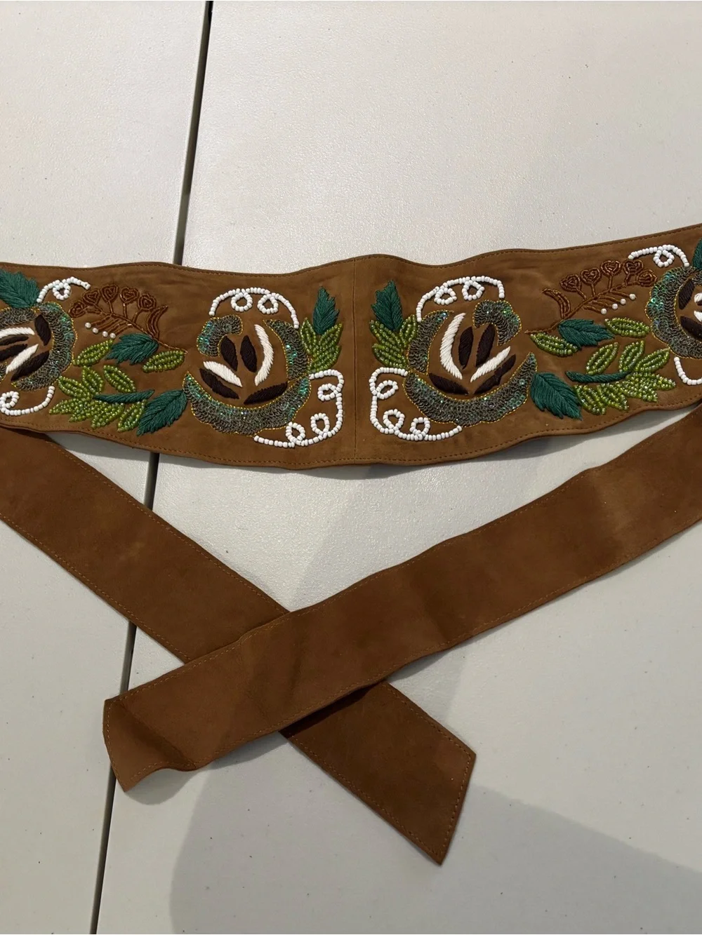 Vintage Boho Ibisco Embroidered and Beaded Brown Suede Tie Belt. - Picture 1 of 3